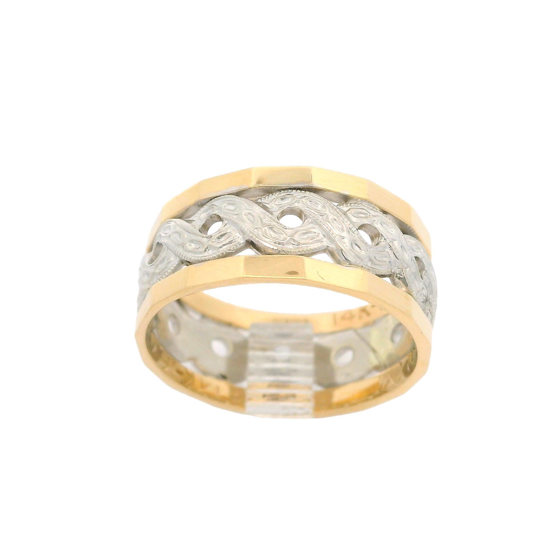 Women's or Men's Vintage 14k Yellow & White Gold Braided Center Faceted Edge Wide Band Ring For Sale