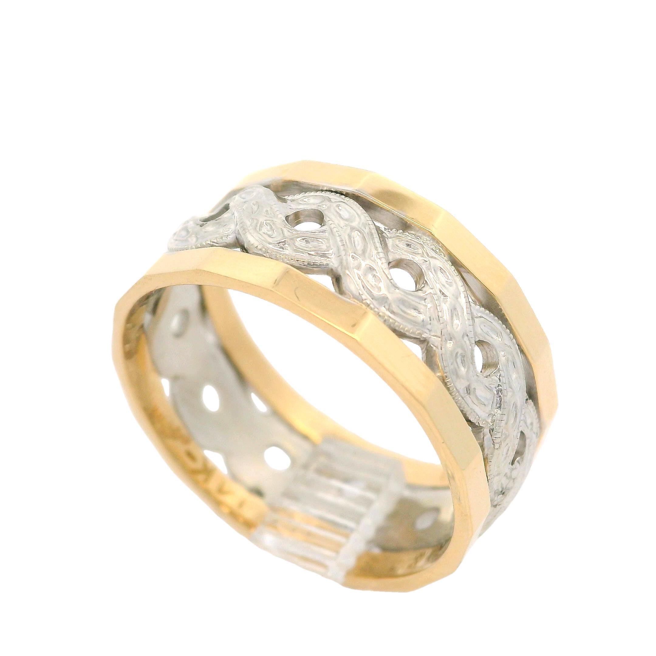 Vintage 14k Yellow & White Gold Braided Center Faceted Edge Wide Band Ring For Sale 1