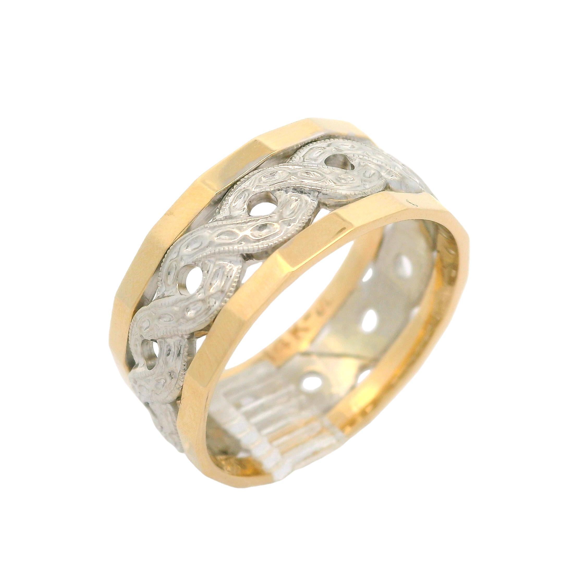 Vintage 14k Yellow & White Gold Braided Center Faceted Edge Wide Band Ring For Sale 2