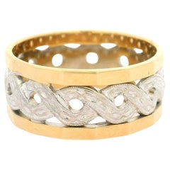 Vintage 14k Yellow & White Gold Braided Center Faceted Edge Wide Band Ring