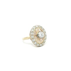 Vintage 14k Yellow & White Gold Diamond Oval Sunburst Filigree Halo Platter Ring