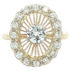 Vintage 14k Yellow & White Gold Diamond Oval Sunburst Filigree Halo Platter Ring