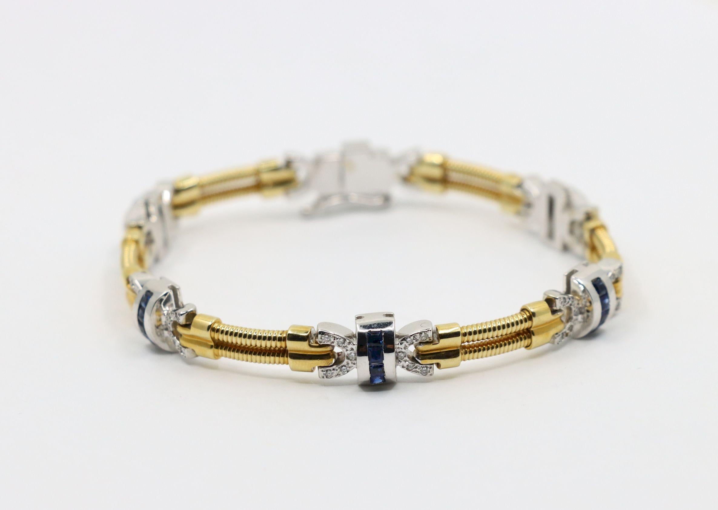 Bracelet vintage en or jaune et blanc 14 carats avec diamants et saphirs en vente 11