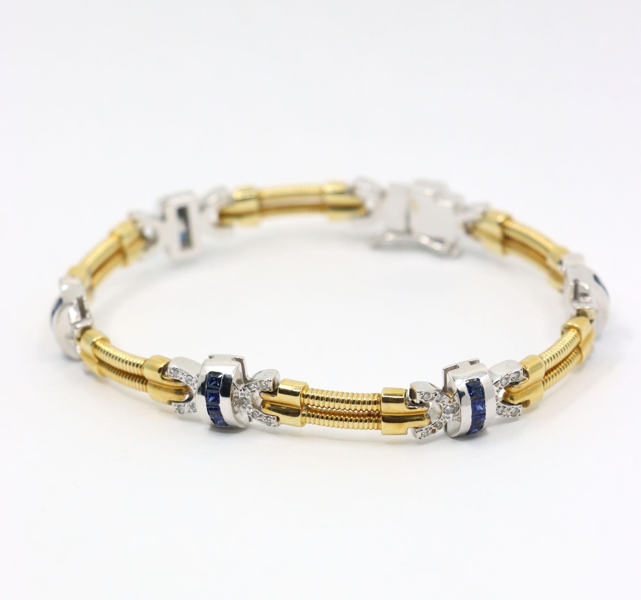 Bracelet vintage en or jaune et blanc 14 carats avec diamants et saphirs en vente 13