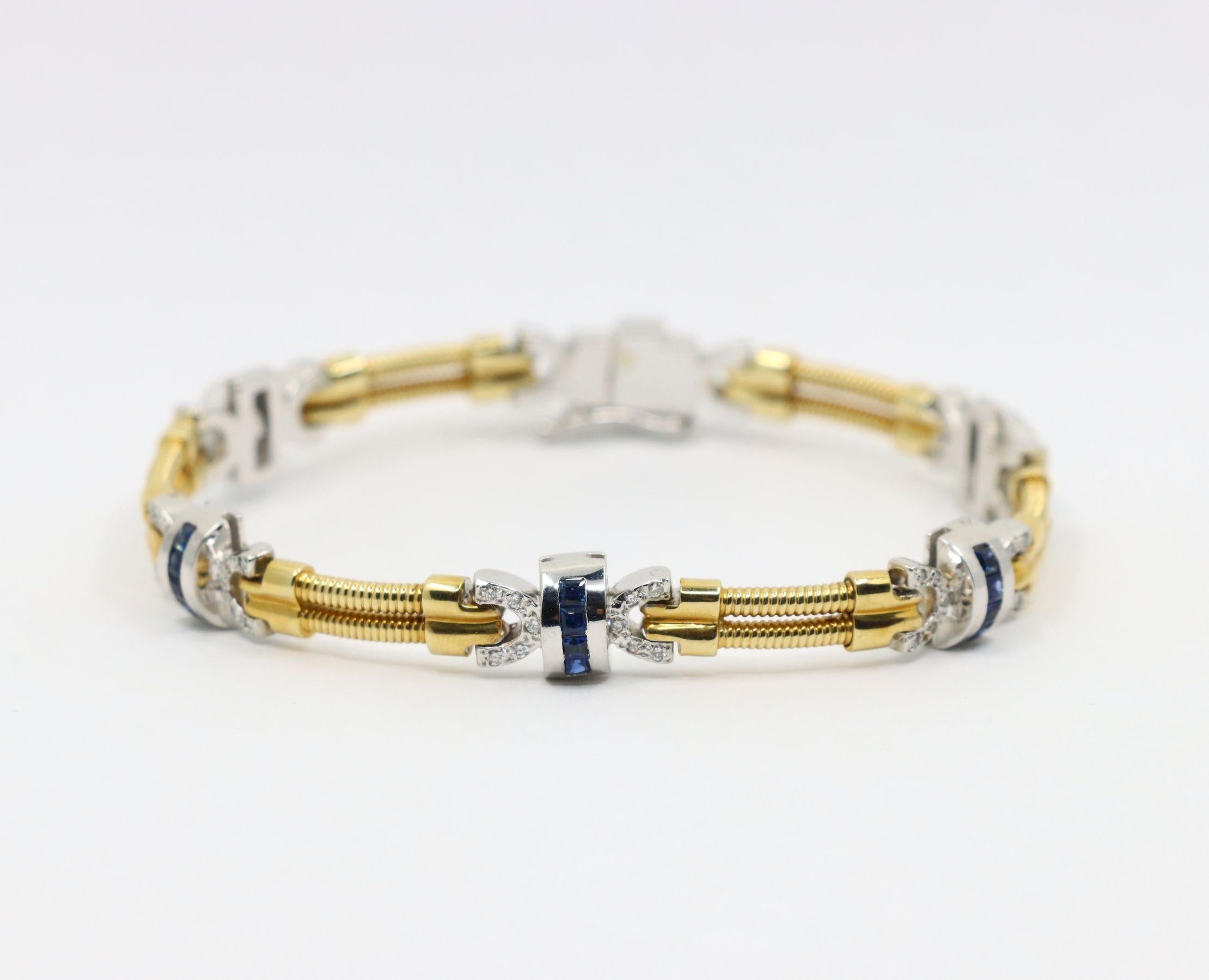 Bracelet vintage en or jaune et blanc 14 carats avec diamants et saphirs en vente 14