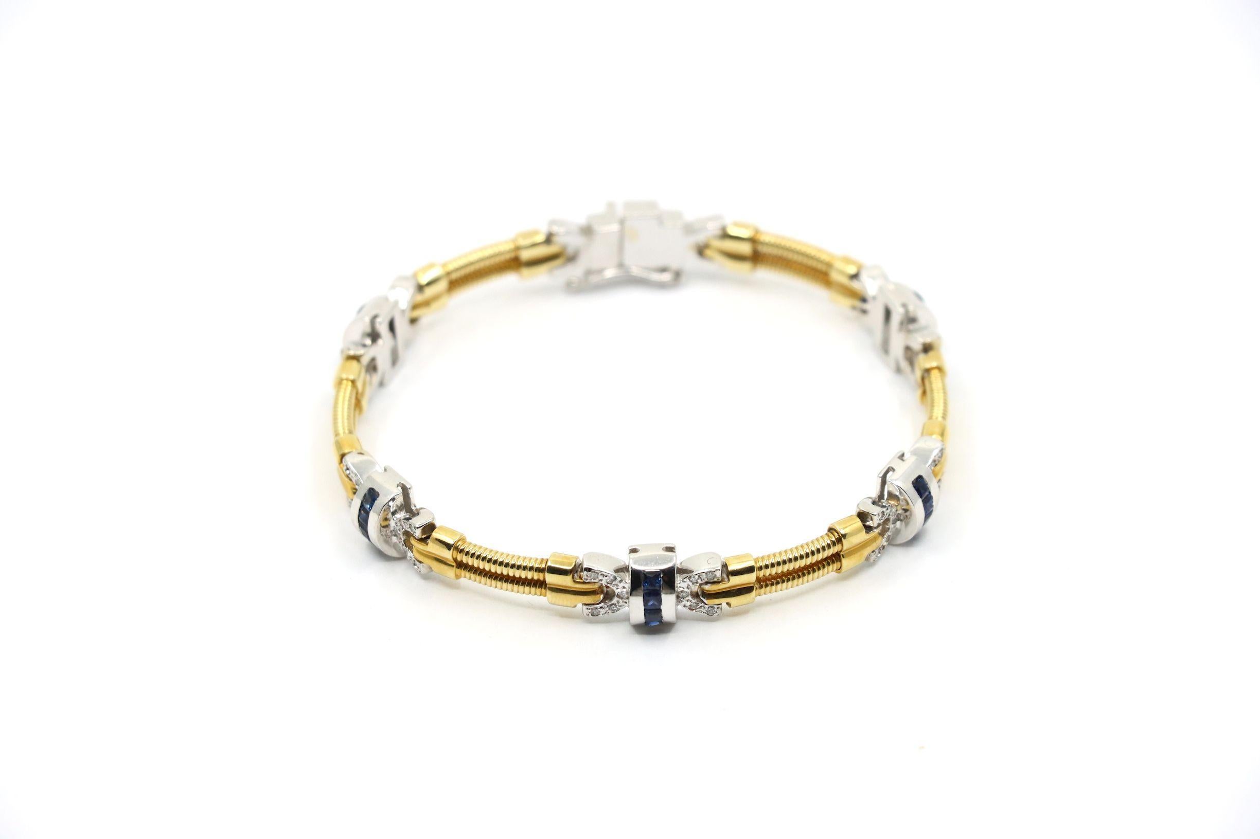 Taille carrée Bracelet vintage en or jaune et blanc 14 carats avec diamants et saphirs en vente