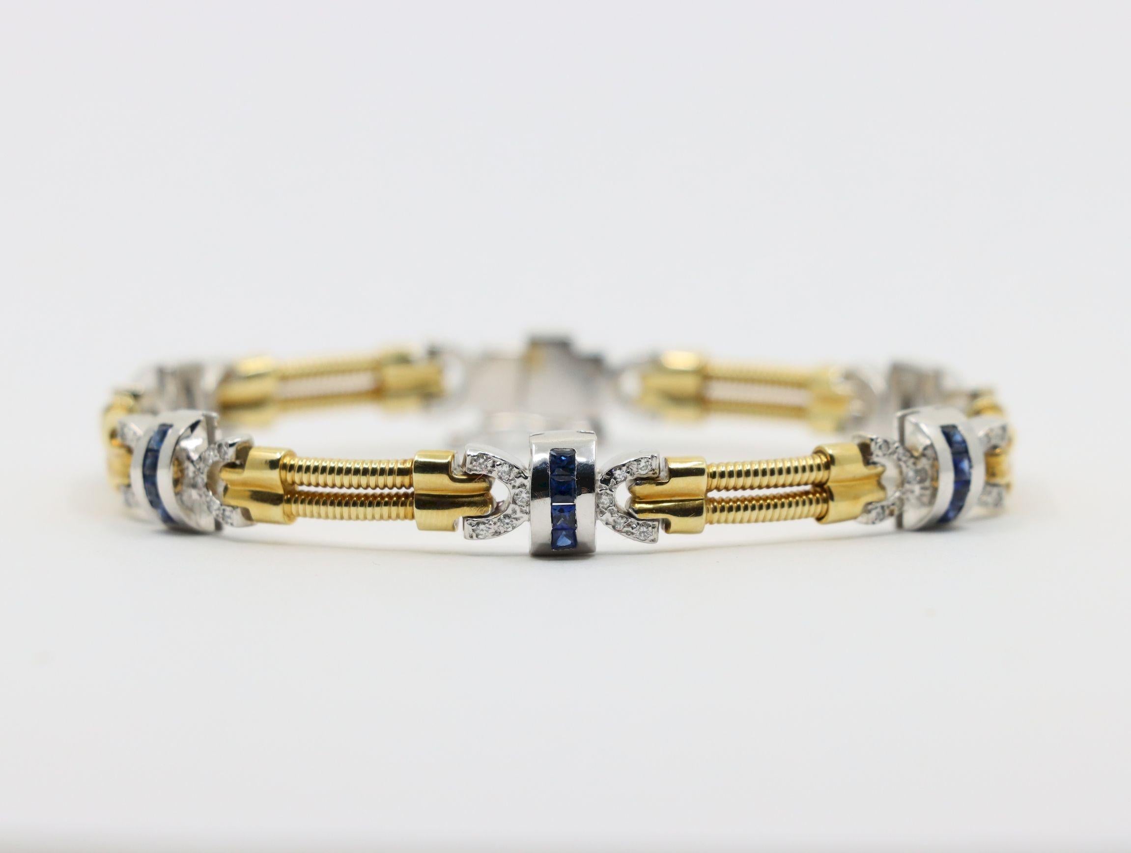 Bracelet vintage en or jaune et blanc 14 carats avec diamants et saphirs Bon état - En vente à Flushing, NY
