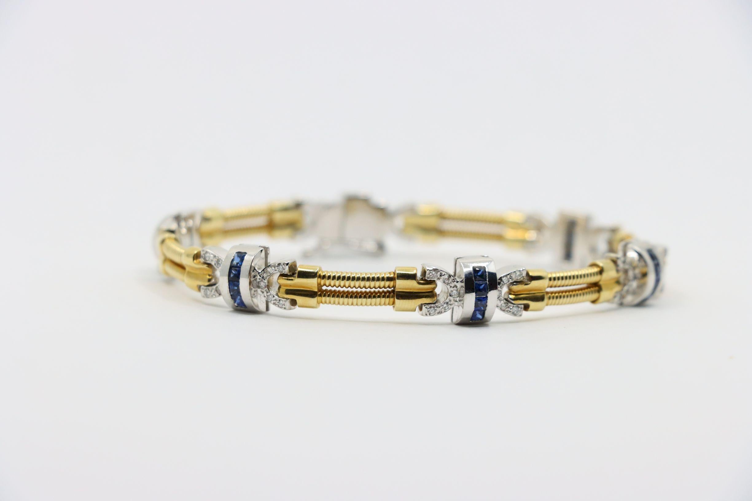 Bracelet vintage en or jaune et blanc 14 carats avec diamants et saphirs Pour femmes en vente