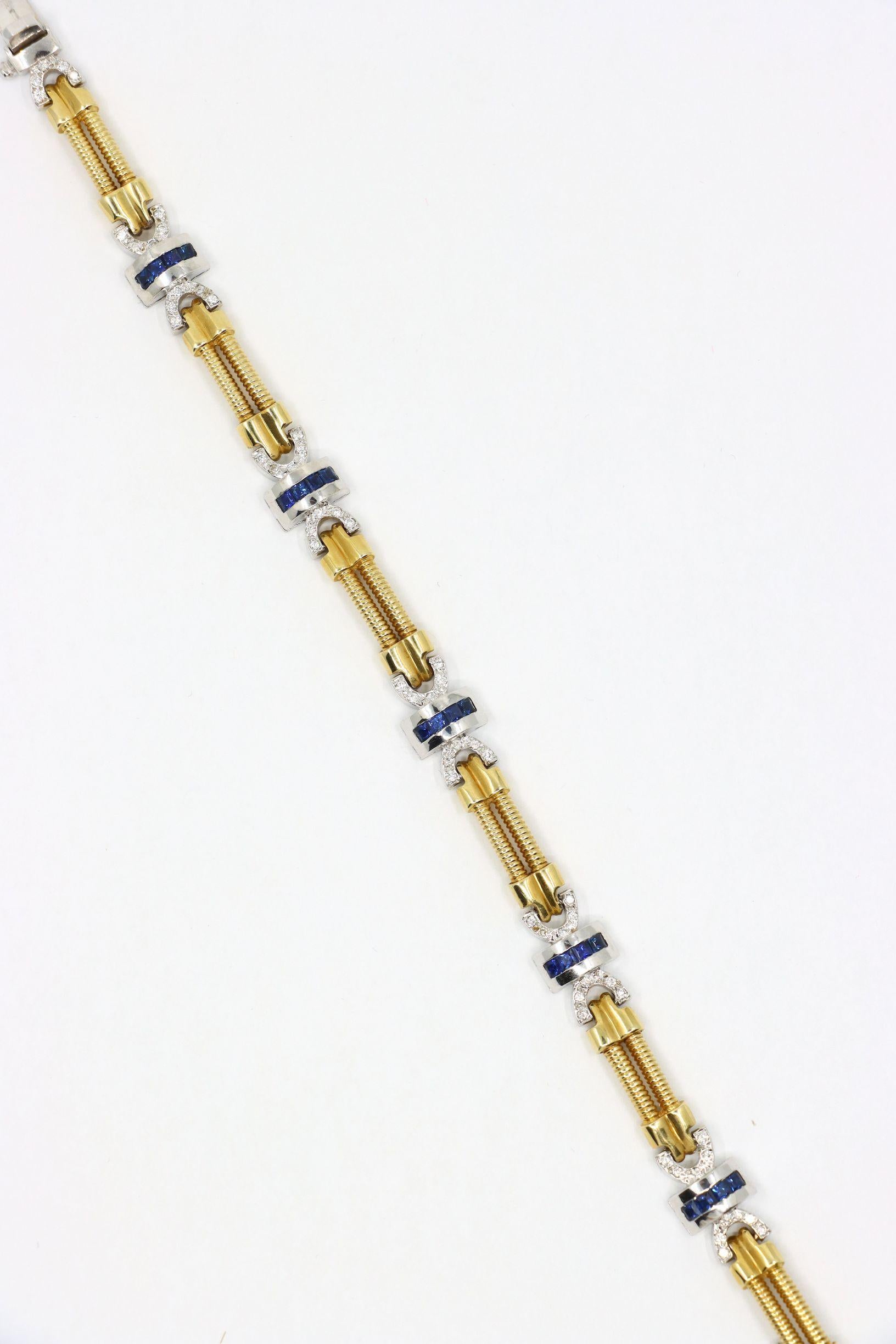Bracelet vintage en or jaune et blanc 14 carats avec diamants et saphirs en vente 2