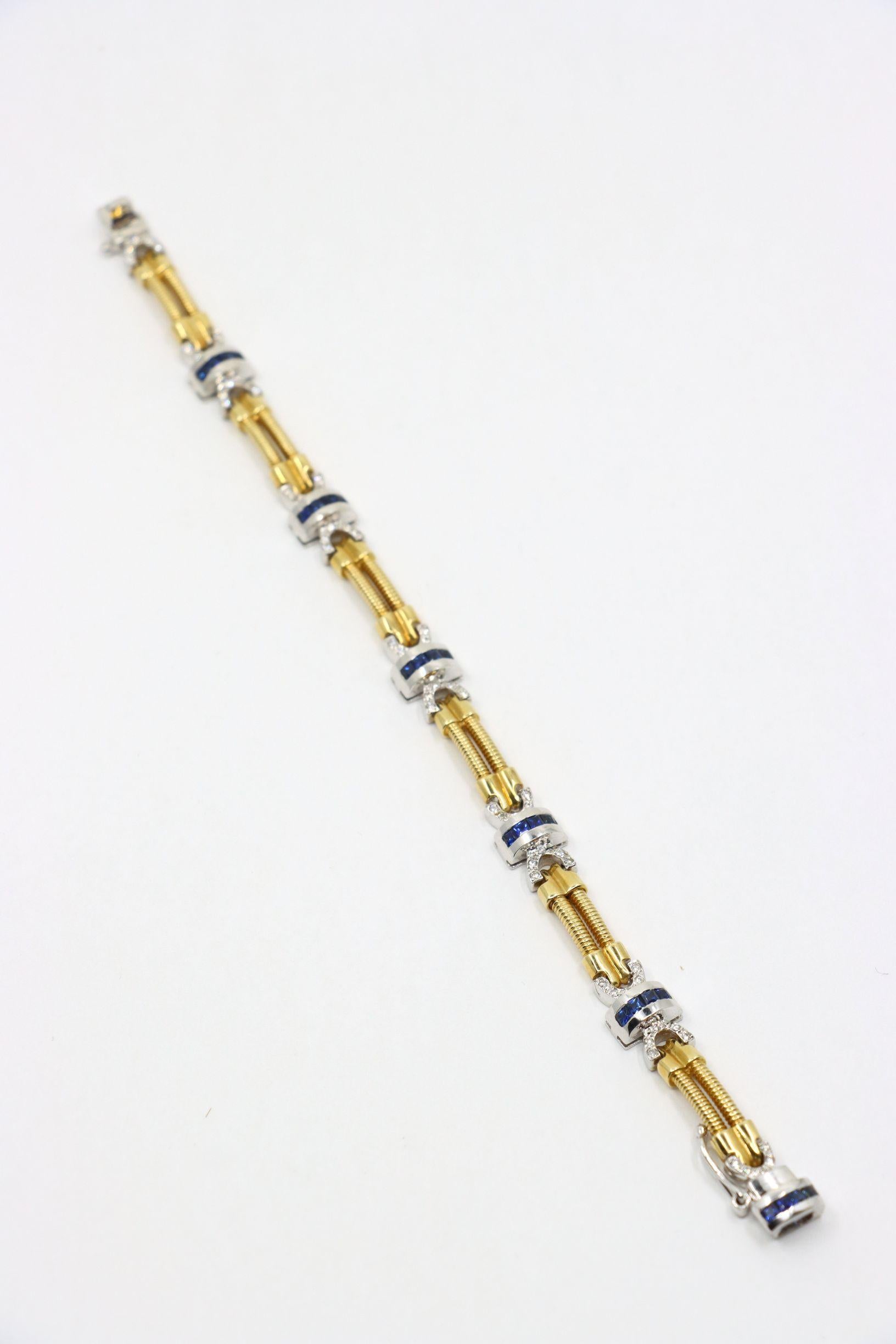 Bracelet vintage en or jaune et blanc 14 carats avec diamants et saphirs en vente 3
