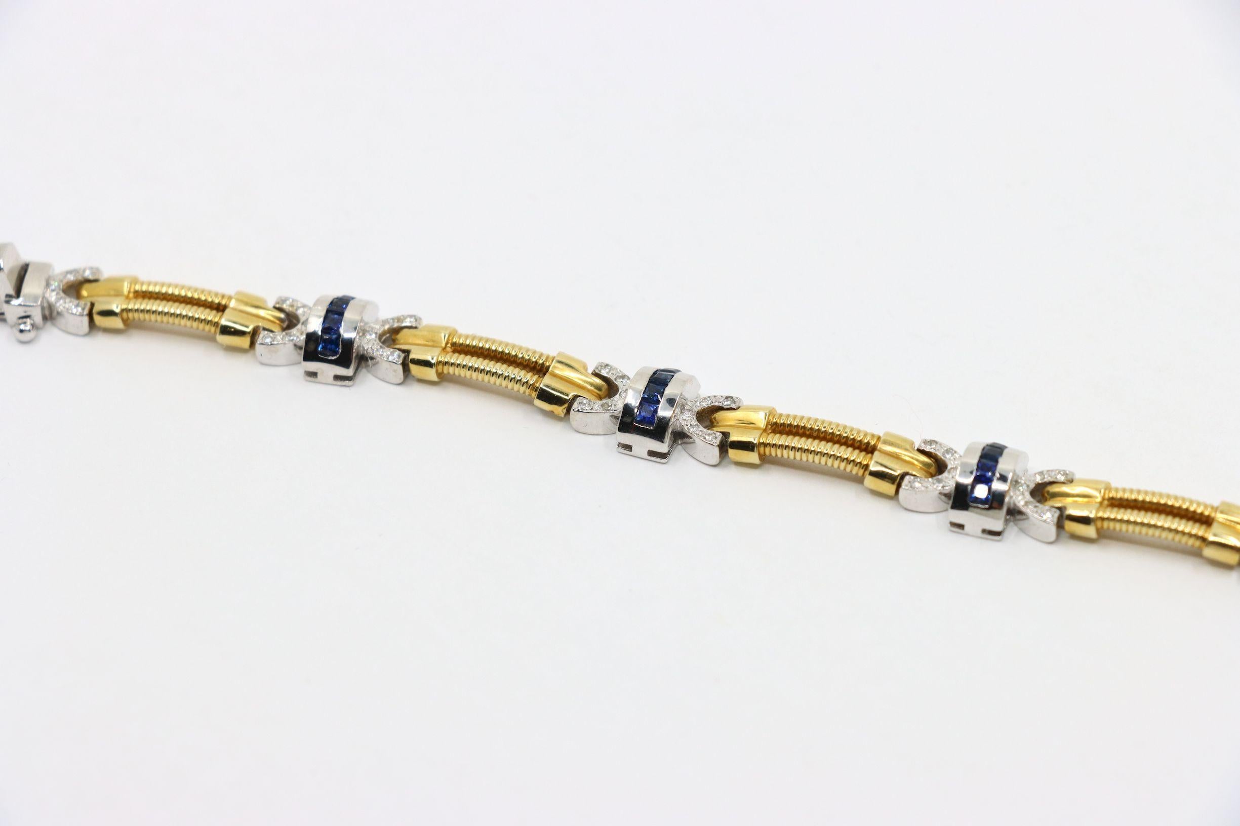 Bracelet vintage en or jaune et blanc 14 carats avec diamants et saphirs en vente 4