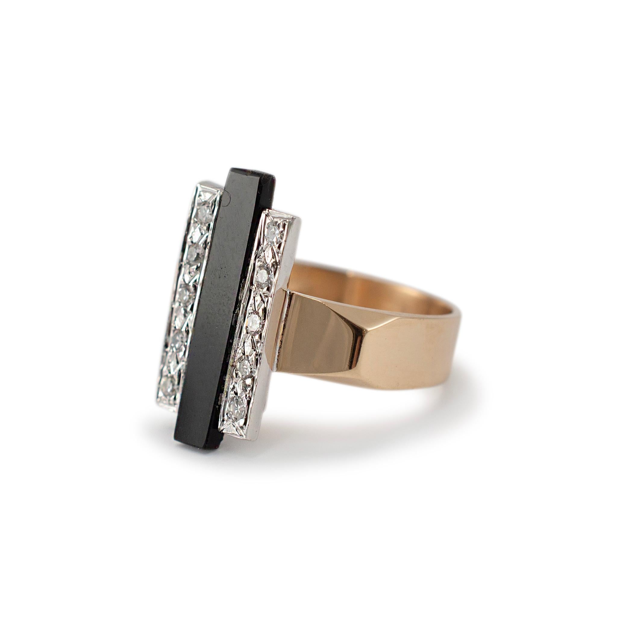 Single Cut Vintage 14K Yellow & White Gold Elongated Onyx Bar Diamond Cocktail Ring