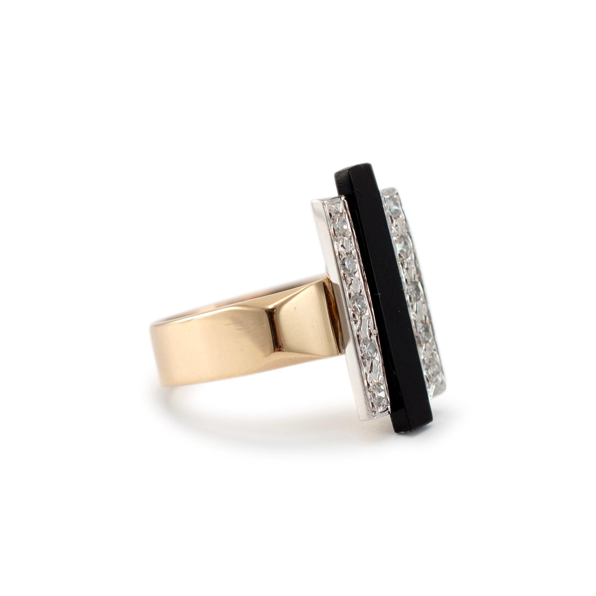 Vintage 14K Yellow & White Gold Elongated Onyx Bar Diamond Cocktail Ring In Excellent Condition In Houston, TX