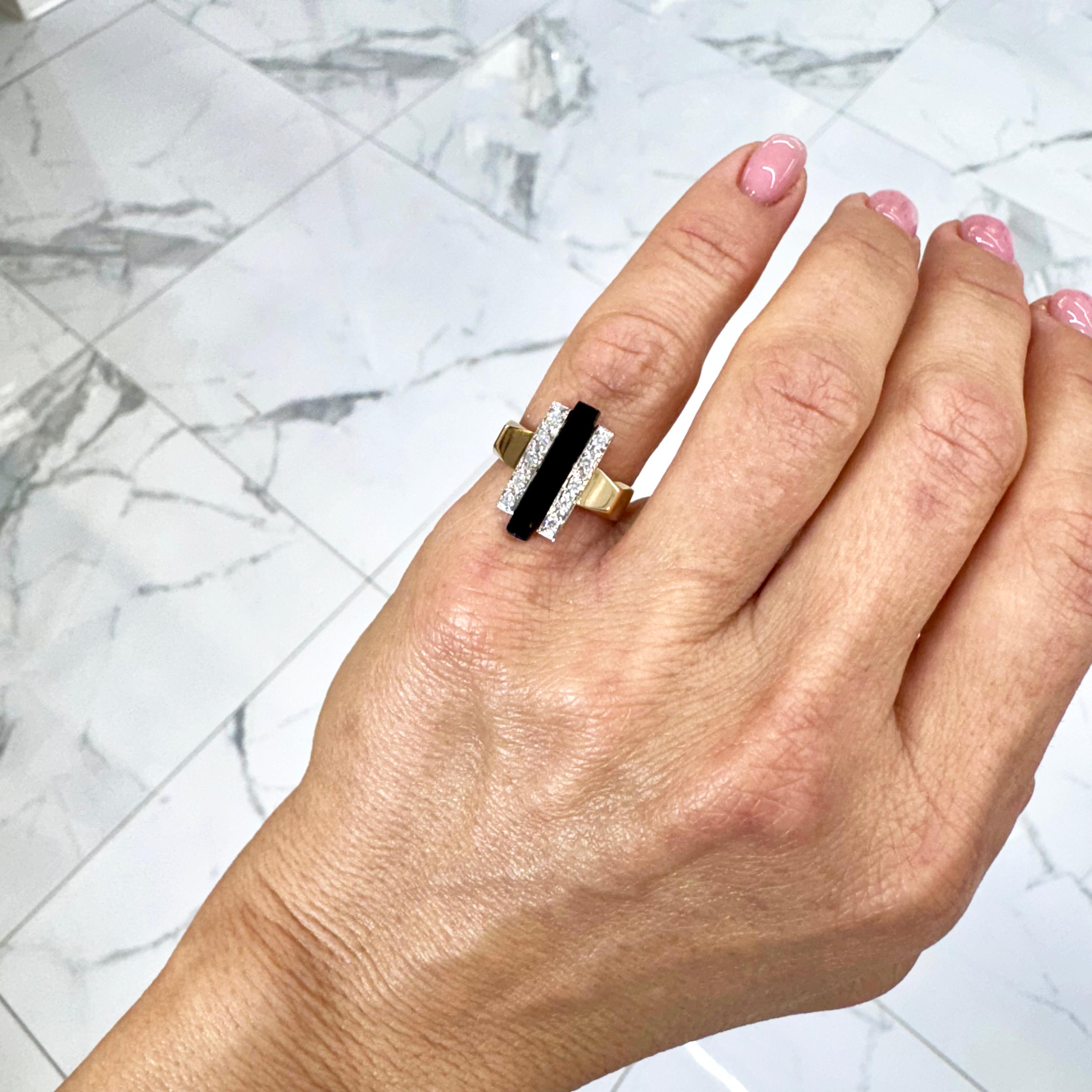 Vintage 14K Yellow & White Gold Elongated Onyx Bar Diamond Cocktail Ring 2