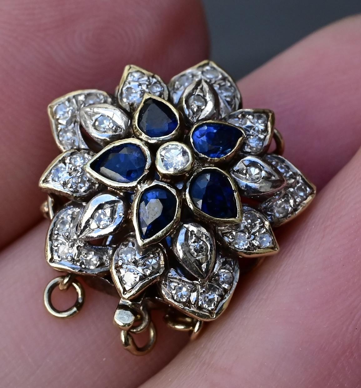 Pear Cut Vintage 14K Yellow White Gold Floral Bracelet Clasp with Sapphires Diamonds