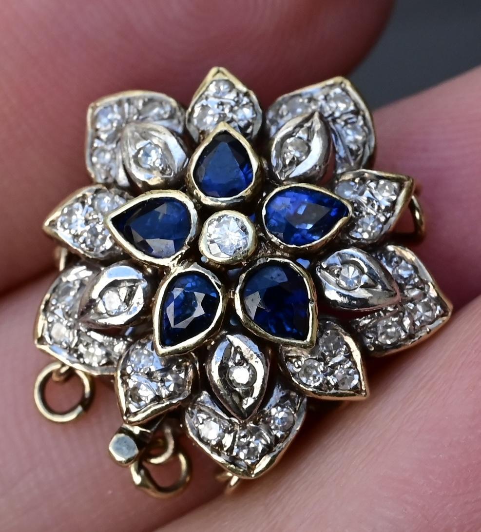 Women's Vintage 14K Yellow White Gold Floral Bracelet Clasp with Sapphires Diamonds