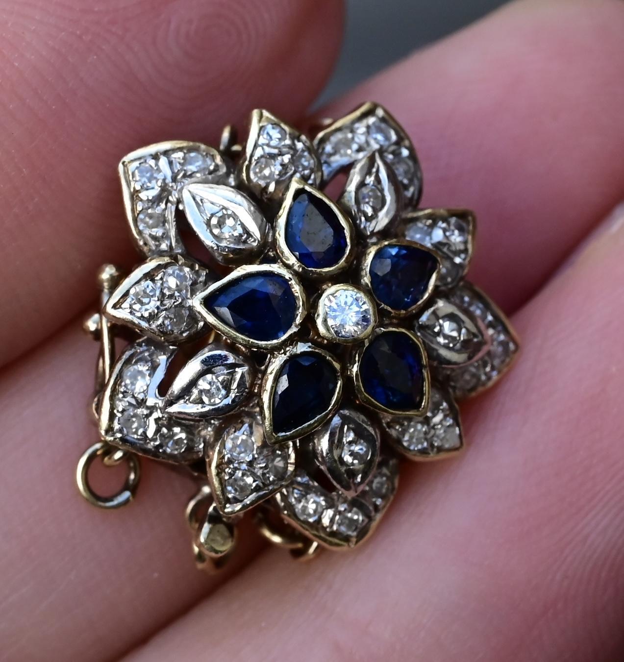 Vintage 14K Yellow White Gold Floral Bracelet Clasp with Sapphires Diamonds 1