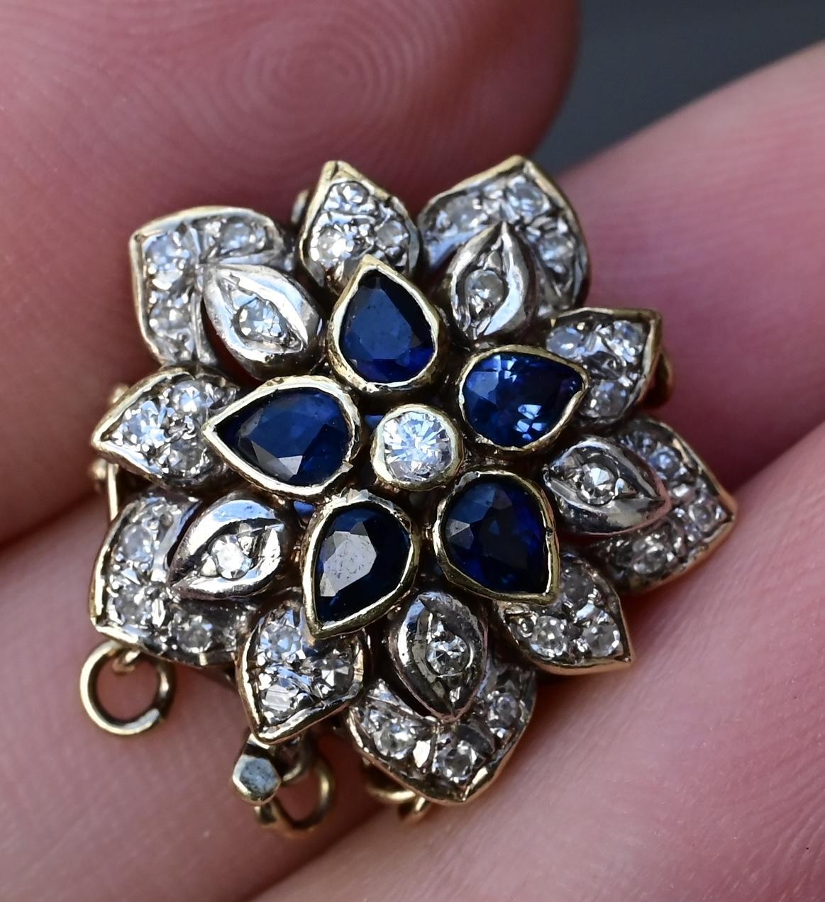 Vintage 14K Yellow White Gold Floral Bracelet Clasp with Sapphires Diamonds 2