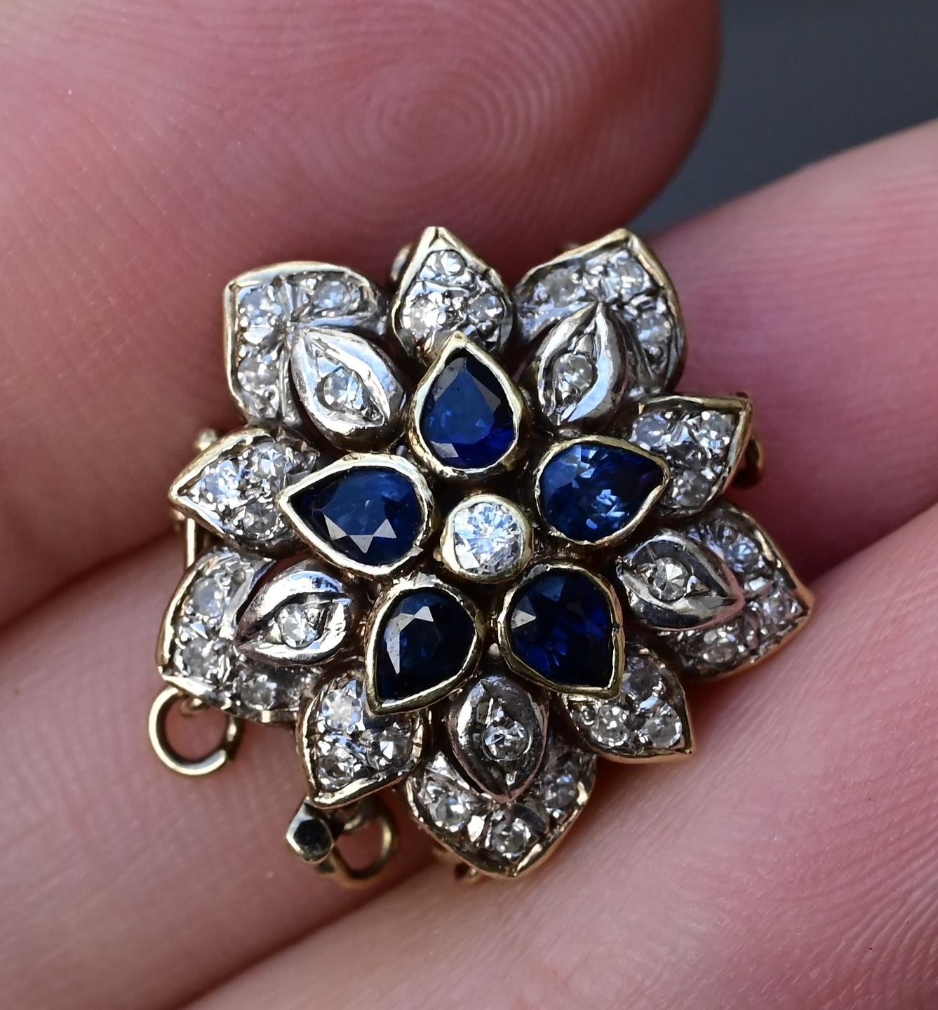 Vintage 14K Yellow White Gold Floral Bracelet Clasp with Sapphires Diamonds 3