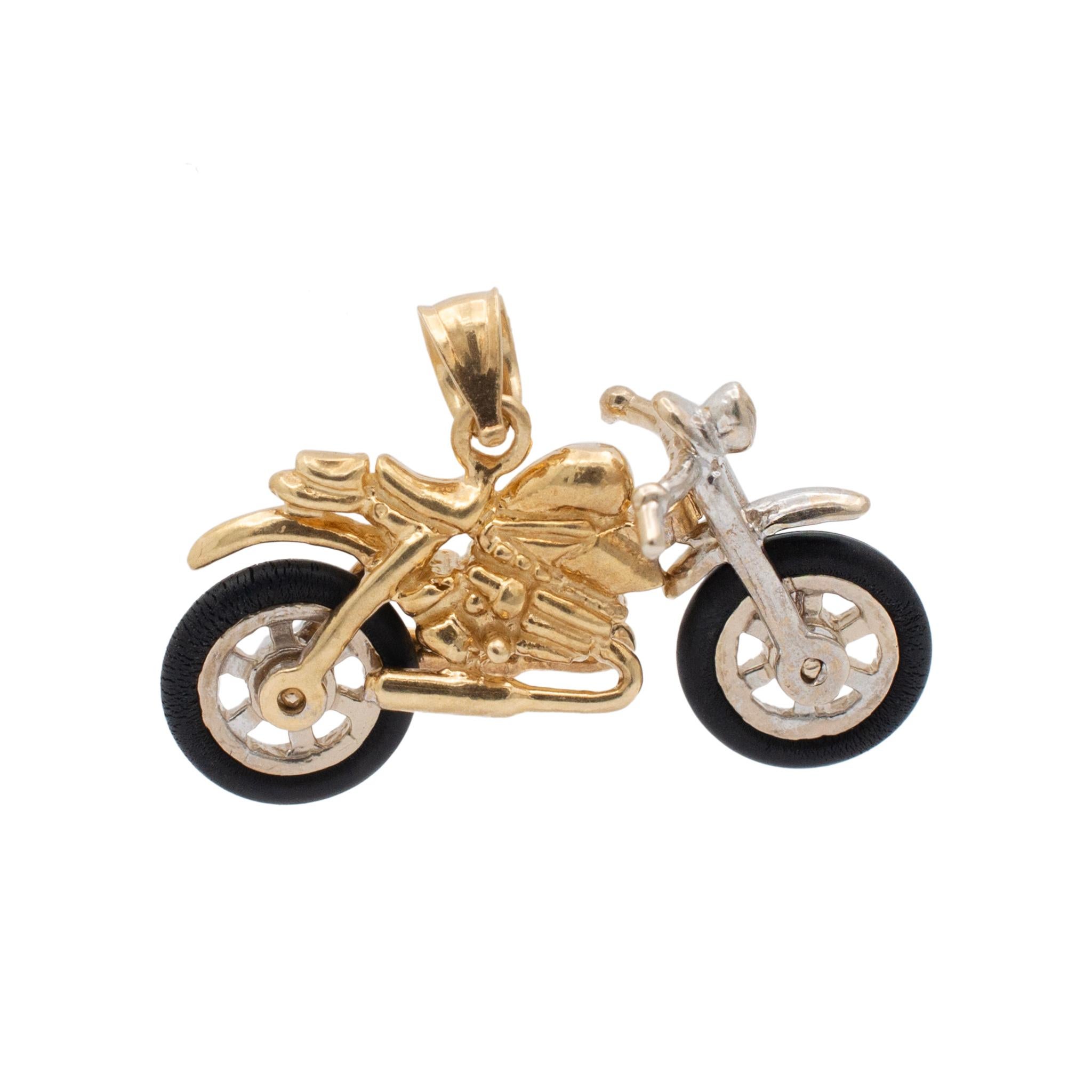 Vintage 14K Yellow & White Gold Motorcycle Pendant In Excellent Condition For Sale In Houston, TX