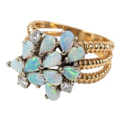 Vintage 14k Yellow/White Gold Pear Opal & Diamond Cluster Cocktail Ring