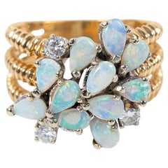 Vintage 14k Yellow/White Gold Pear Opal & Diamond Cluster Cocktail Ring