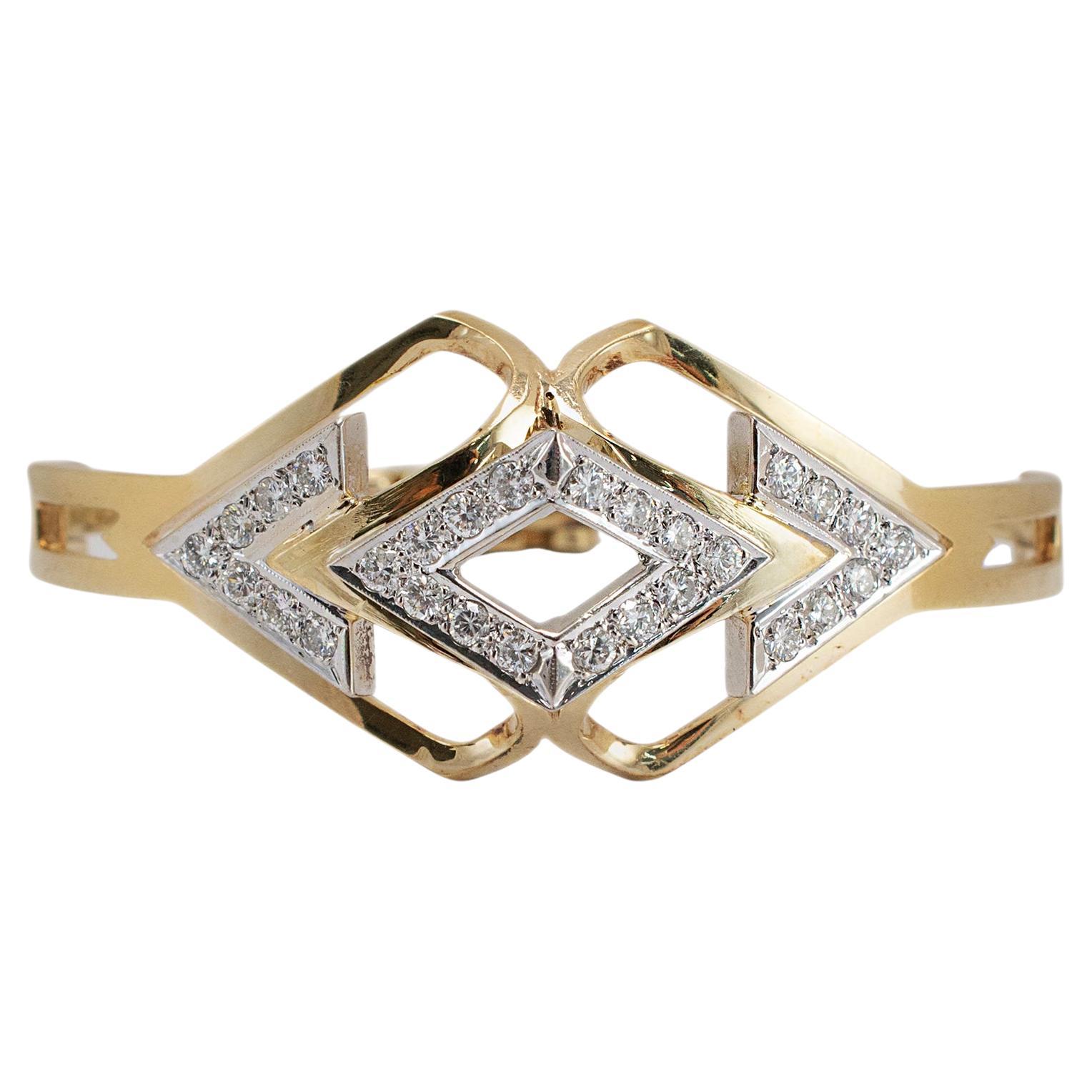 Vintage 14K Yellow & White Gold Two Tone Geometric Diamond Bangle Bracelet