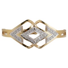 Vintage 14K Yellow & White Gold Two Tone Geometric Diamond Bangle Bracelet