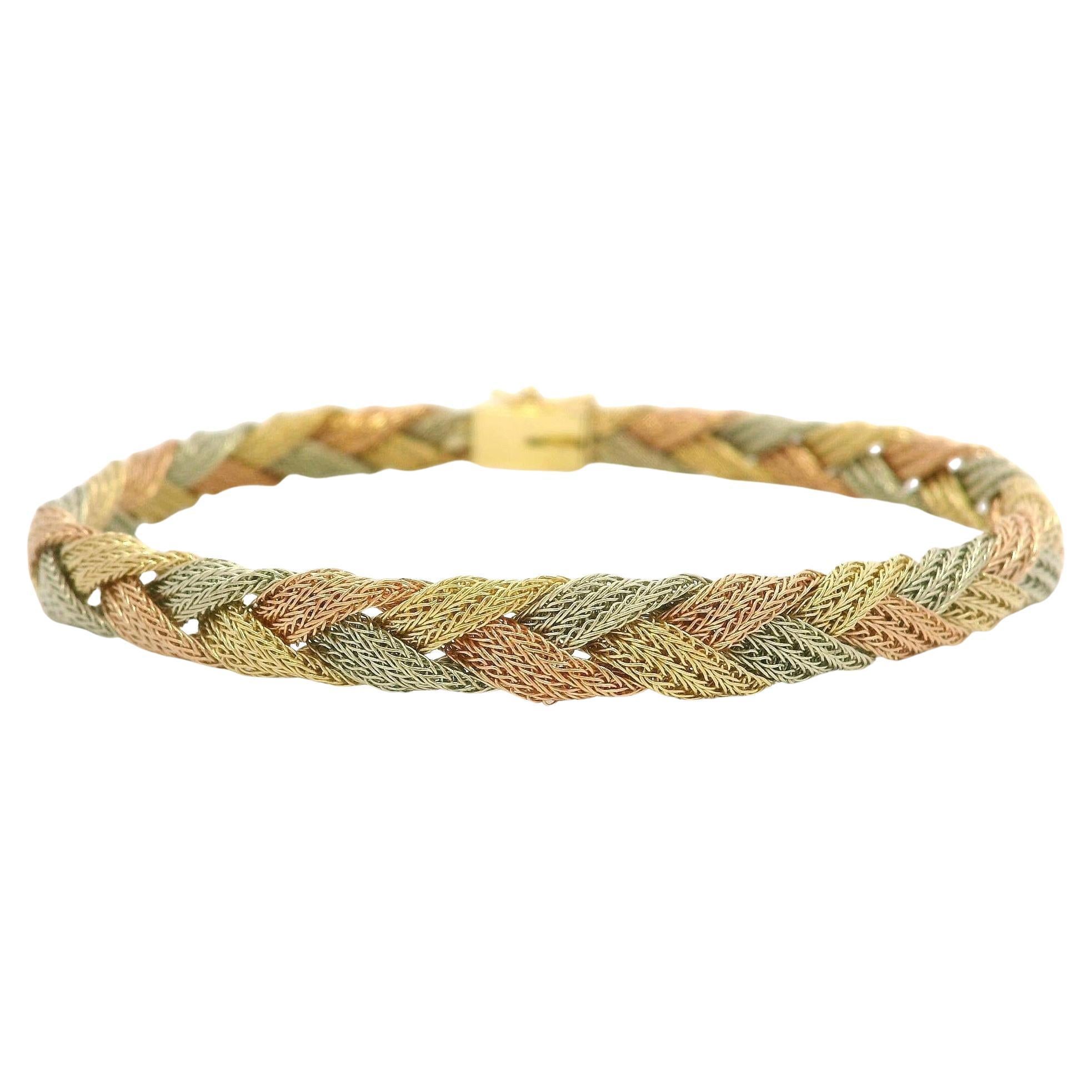 Vintage 14k Yellow White 
Rose Gold Woven Textured Braided Mesh Bracelet For Sale