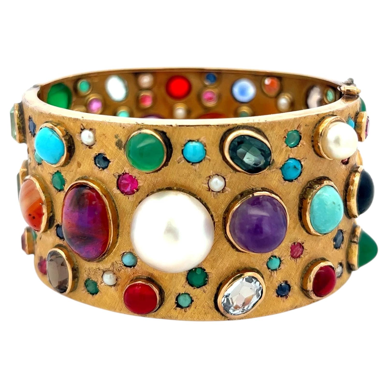 Vintage 14K YG Bangle Bracelet with 2.5-14 MM Multi-Gemstones 69.5 Grams