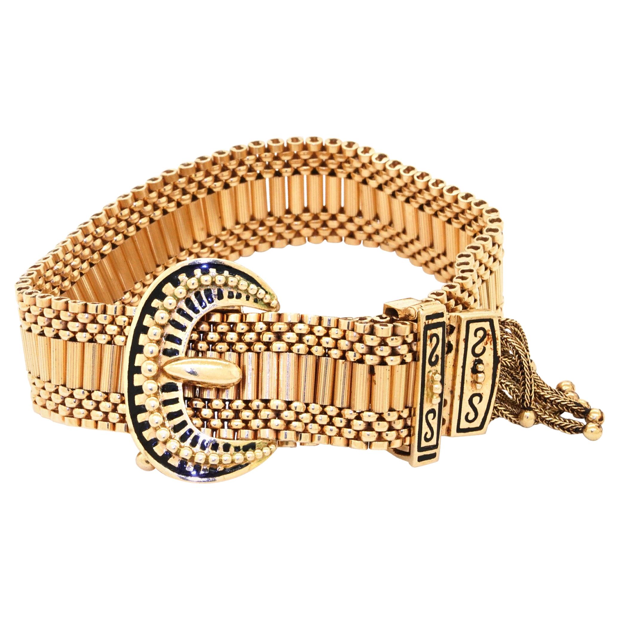 Vintage 14K YG Belt Buckle Enamel Tassel Bracelet For Sale