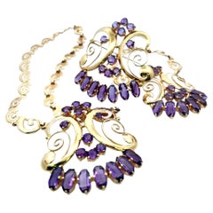 Vintage 14K YG Pendant Necklace and Bracelet Set with 22 Carat Amethysts