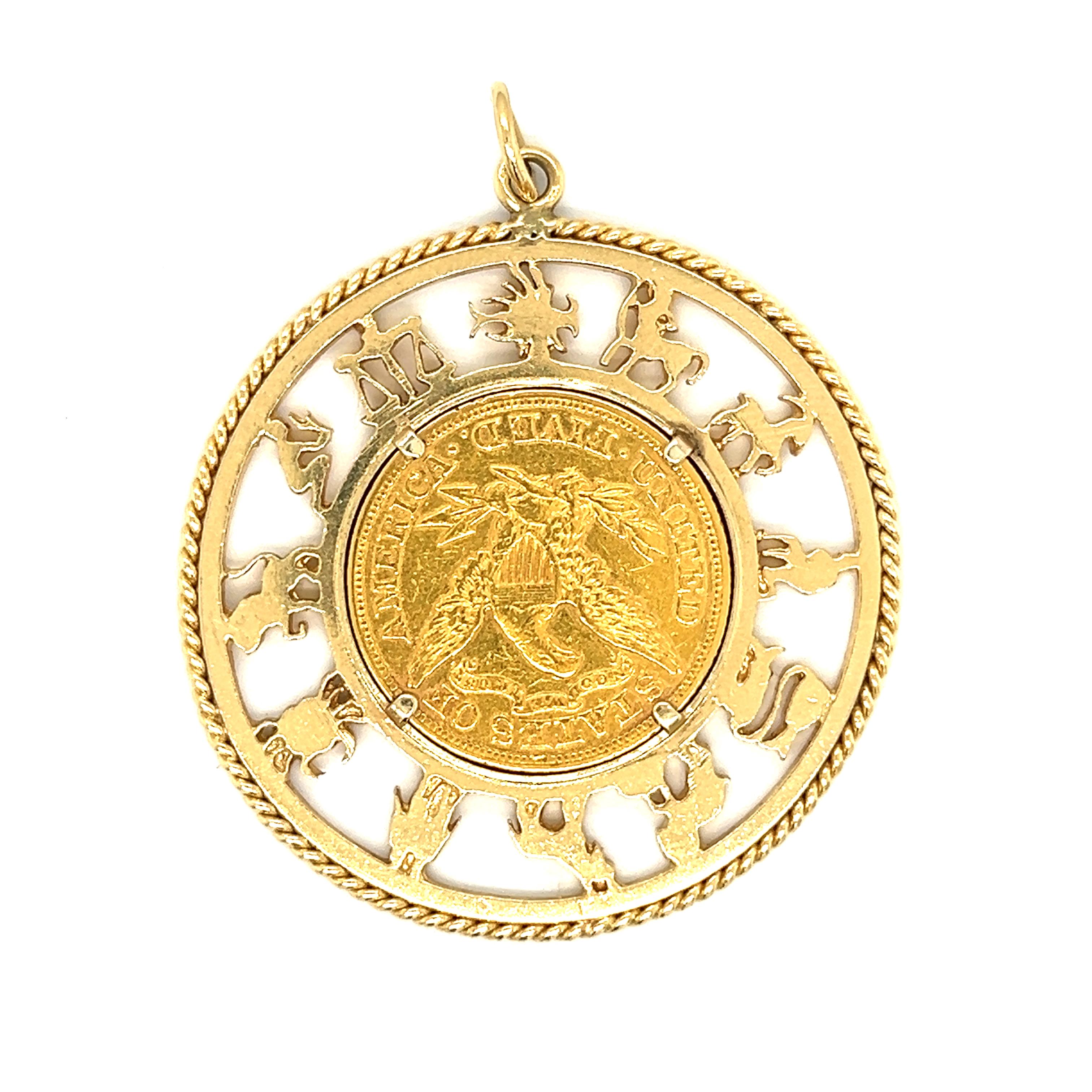 Vintage jewelry lovers will appreciate this timeless piece. Crafted with 14k gold, it features a mid-century Vintage Zodiac design and a 22k coin from 1878, for a truly distinctive look. An unmissable addition to any collection.