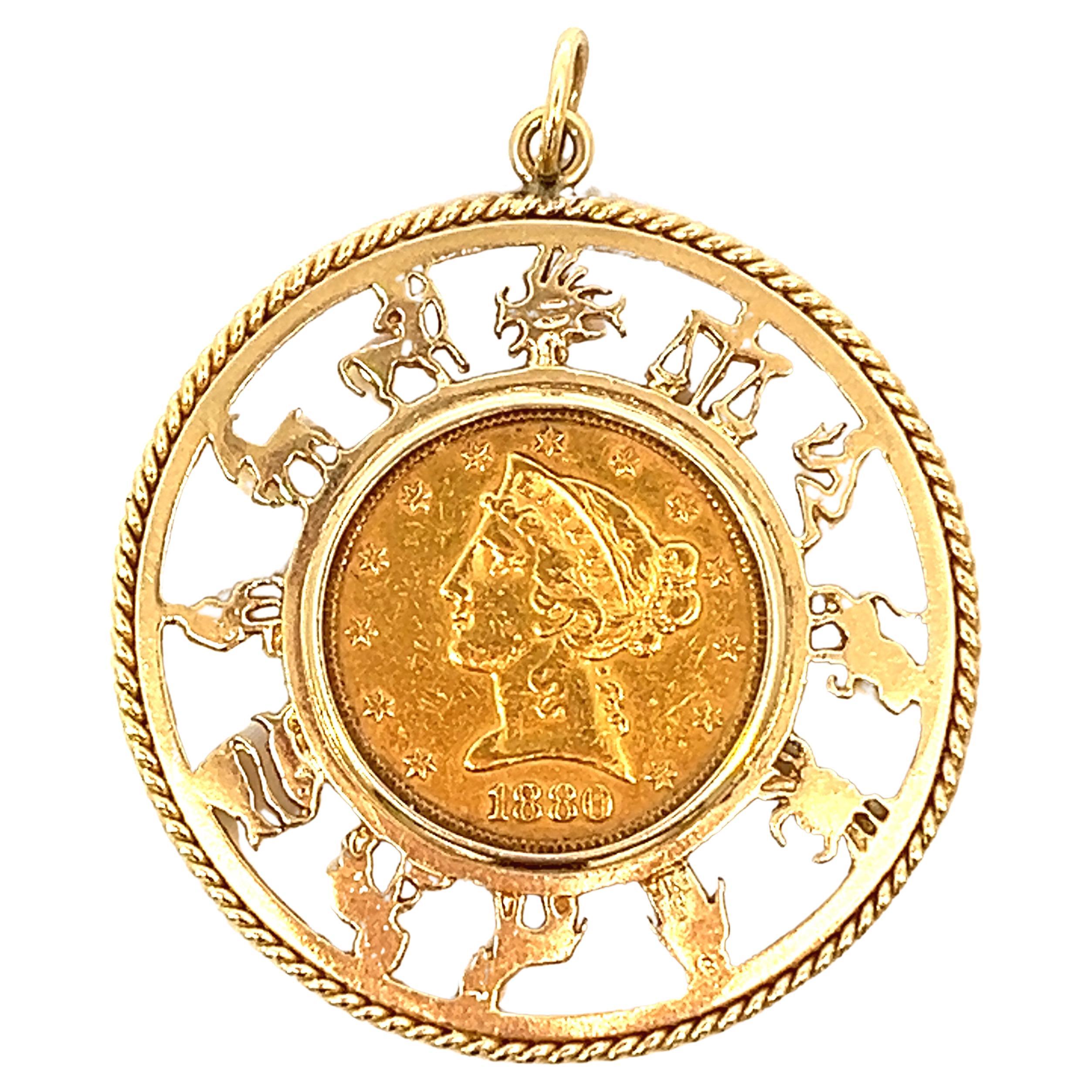 Vintage 14k Zodiac Calendar Pendant encompassing 1878 22k Gold Coin For Sale