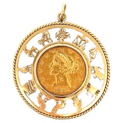 Vintage 14k Zodiac Calendar Pendant encompassing 1878 22k Gold Coin