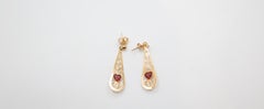 Vintage 14KGold Drop Earrings with Garnet Heart Stones. Romantic Filigree Design
