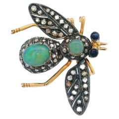 Vintage 14kt Gold and Silver Bee Brooch Pendant Diamonds, Opals and Sapphires