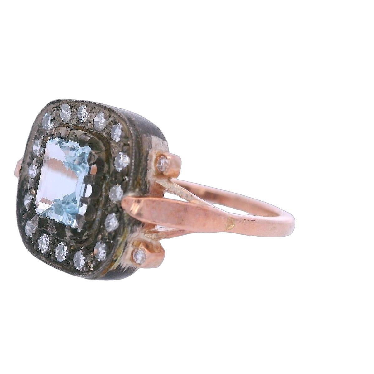 Anello vintage in oro e argento 14kt con acquamarina e diamanti In condizioni ottime in vendita a Aventura, FL
