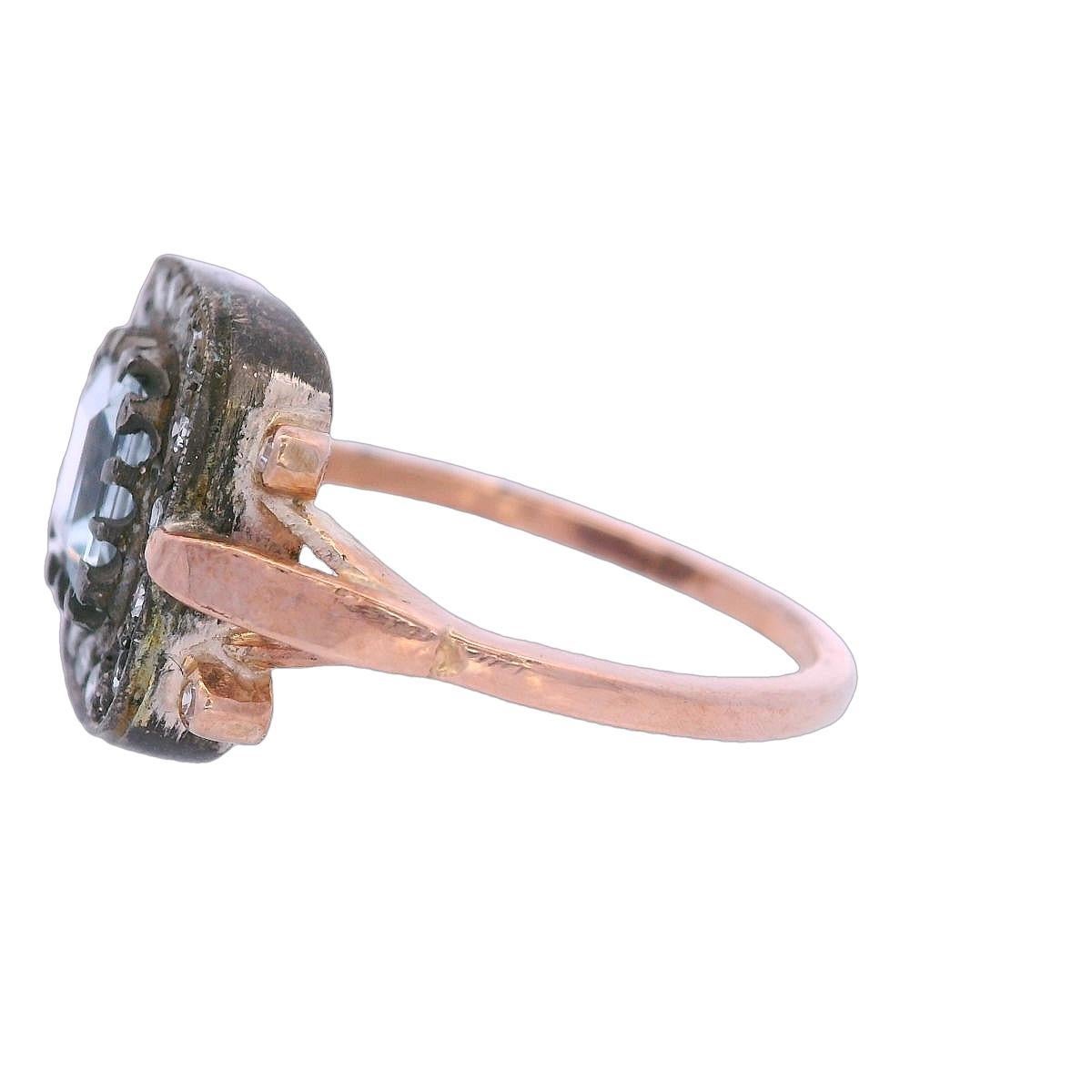 Anello vintage in oro e argento 14kt con acquamarina e diamanti in vendita 1