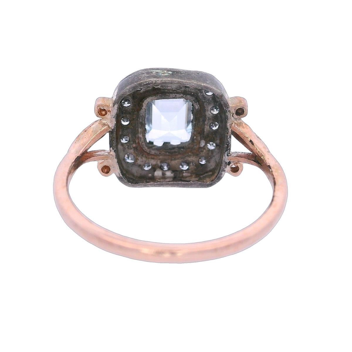 Anello vintage in oro e argento 14kt con acquamarina e diamanti in vendita 2