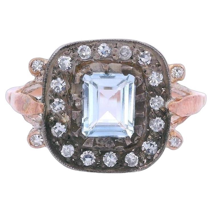 Bague vintage en or et argent 14 carats avec aigue-marine et diamants