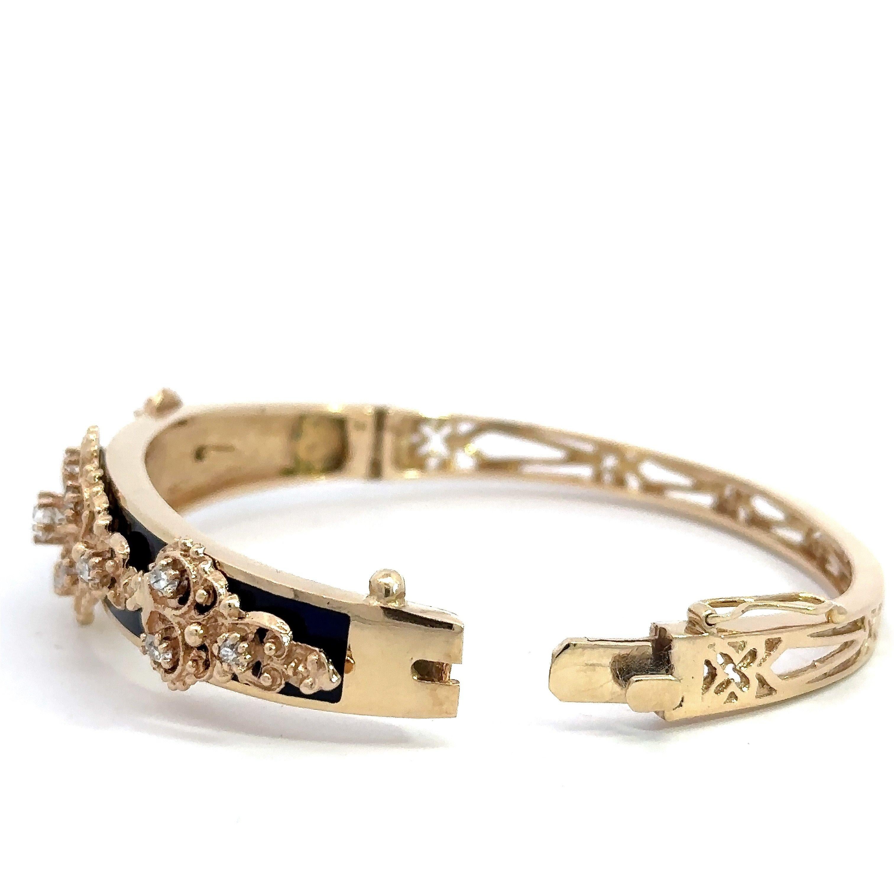 Women's Vintage Jack Gutschneider 14KT Gold Diamond and Black Enamel Bangle Bracelet For Sale
