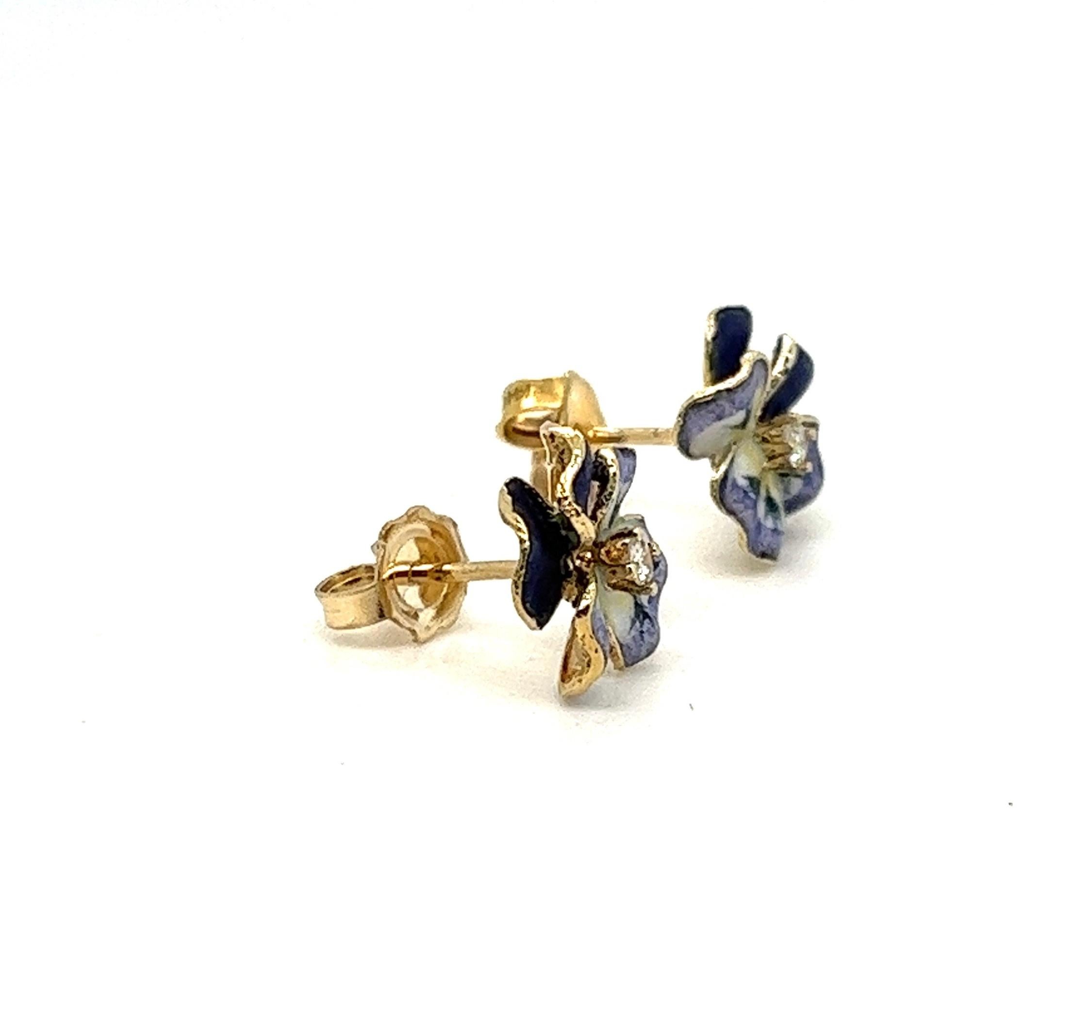 Vintage 14kt Gold Diamant emailliert Blume Ohrstecker. (Art nouveau)