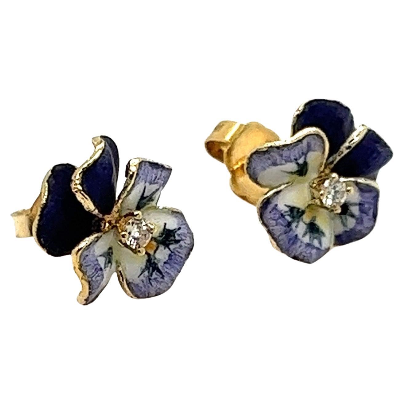Vintage 14kt Gold Diamant emailliert Blume Ohrstecker.