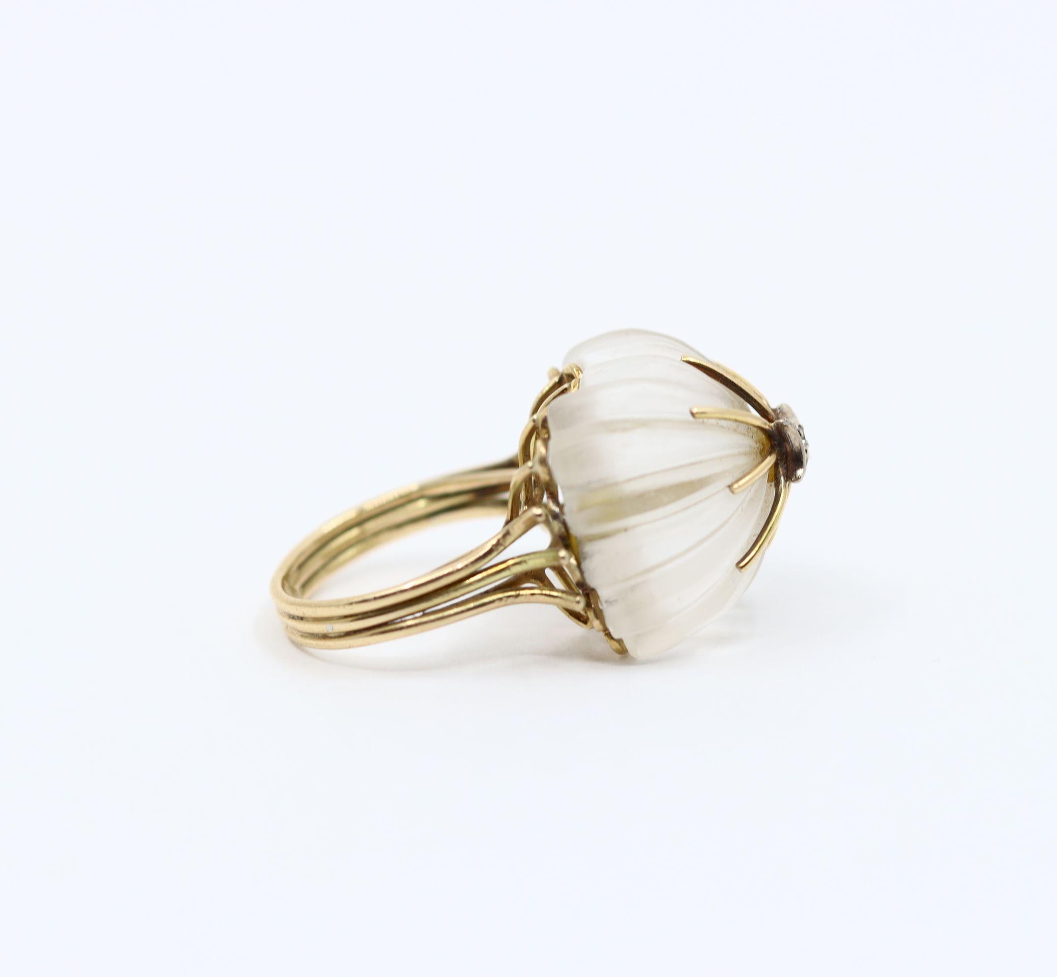 Mixed Cut Vintage 14KT Gold Diamond Rock Crystal Dome Cocktail Ring For Sale