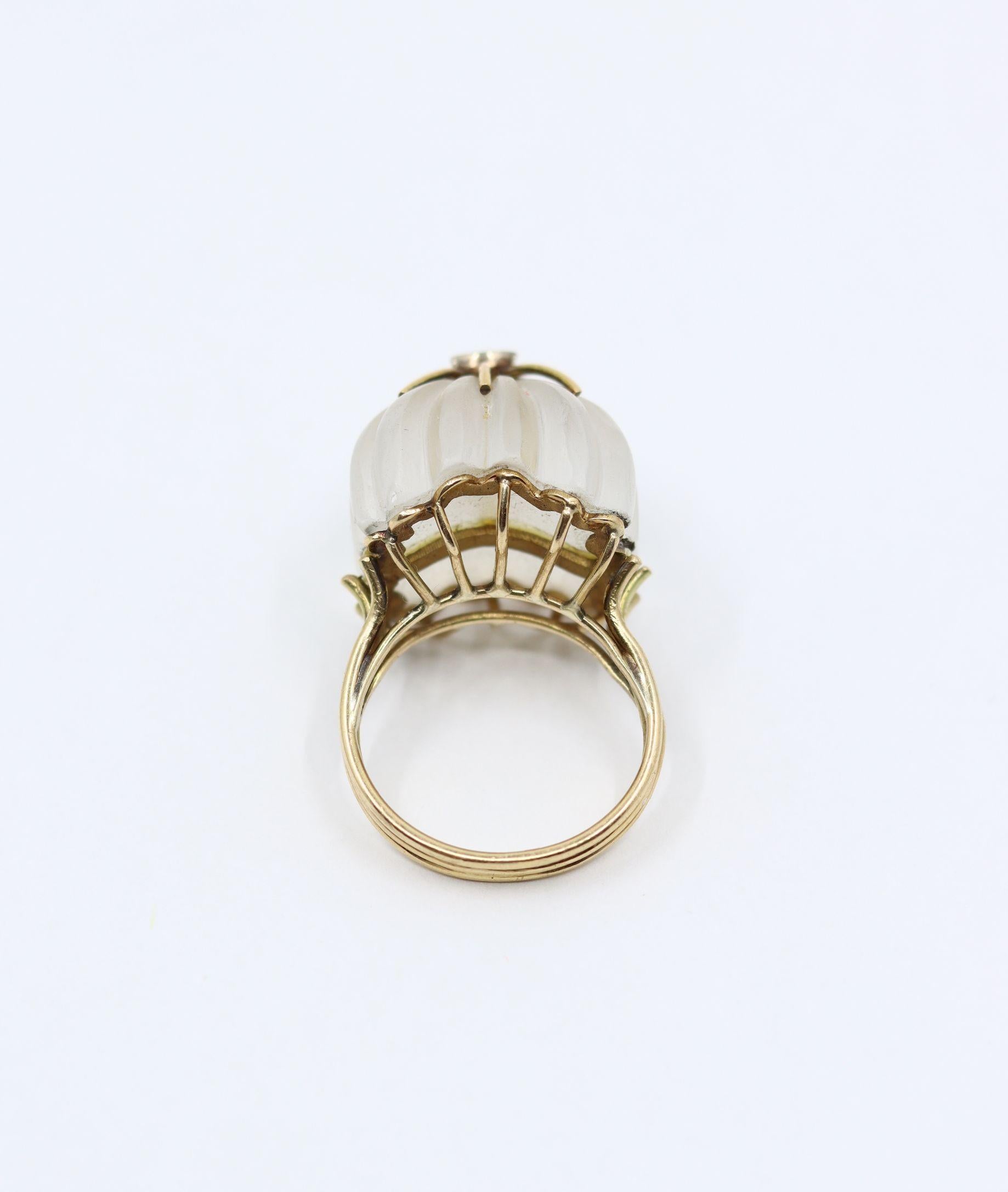 Vintage 14KT Gold Diamond Rock Crystal Dome Cocktail Ring In Good Condition For Sale In Flushing, NY