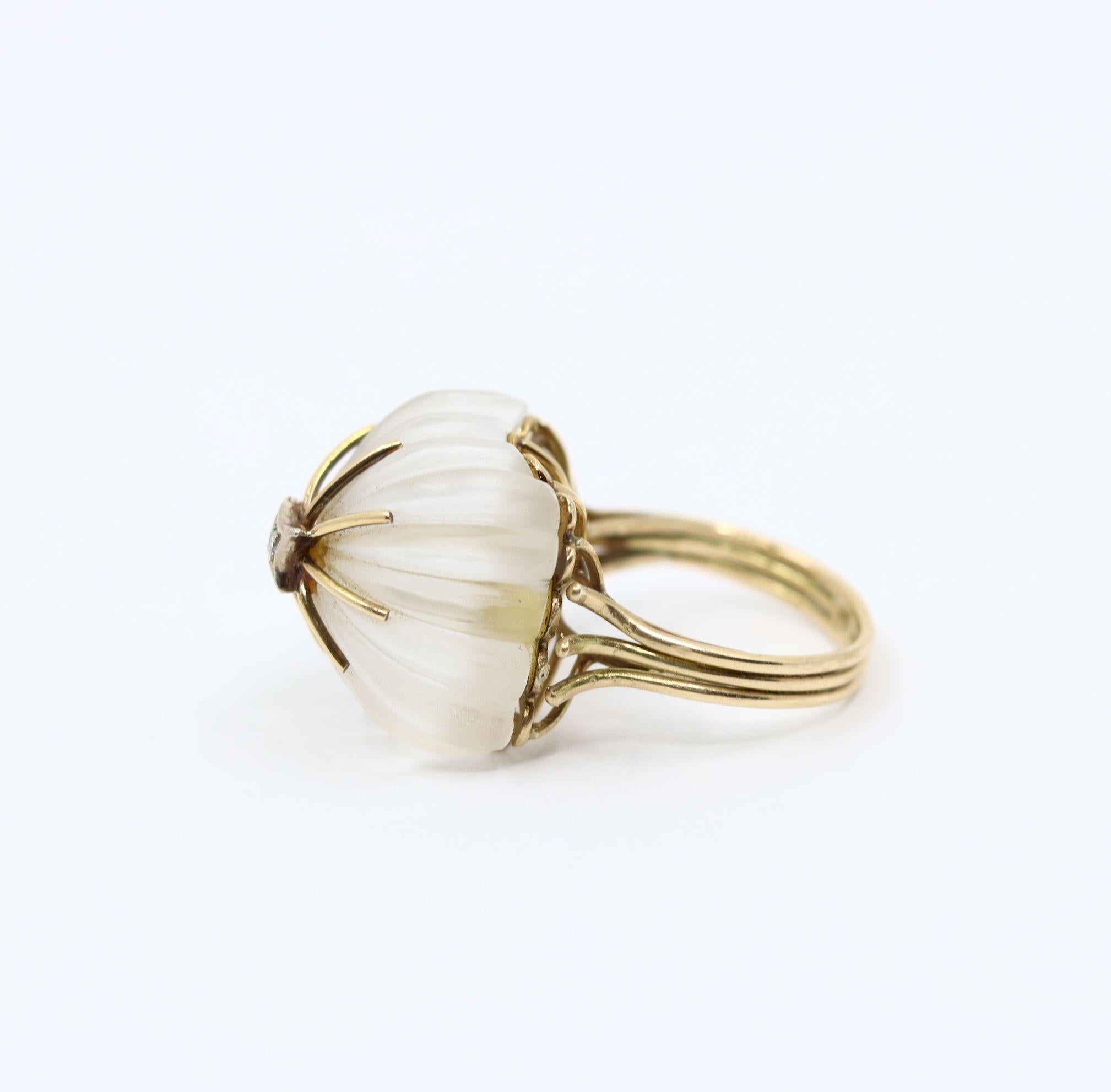 Vintage 14KT Gold Diamond Rock Crystal Dome Cocktail Ring For Sale 1