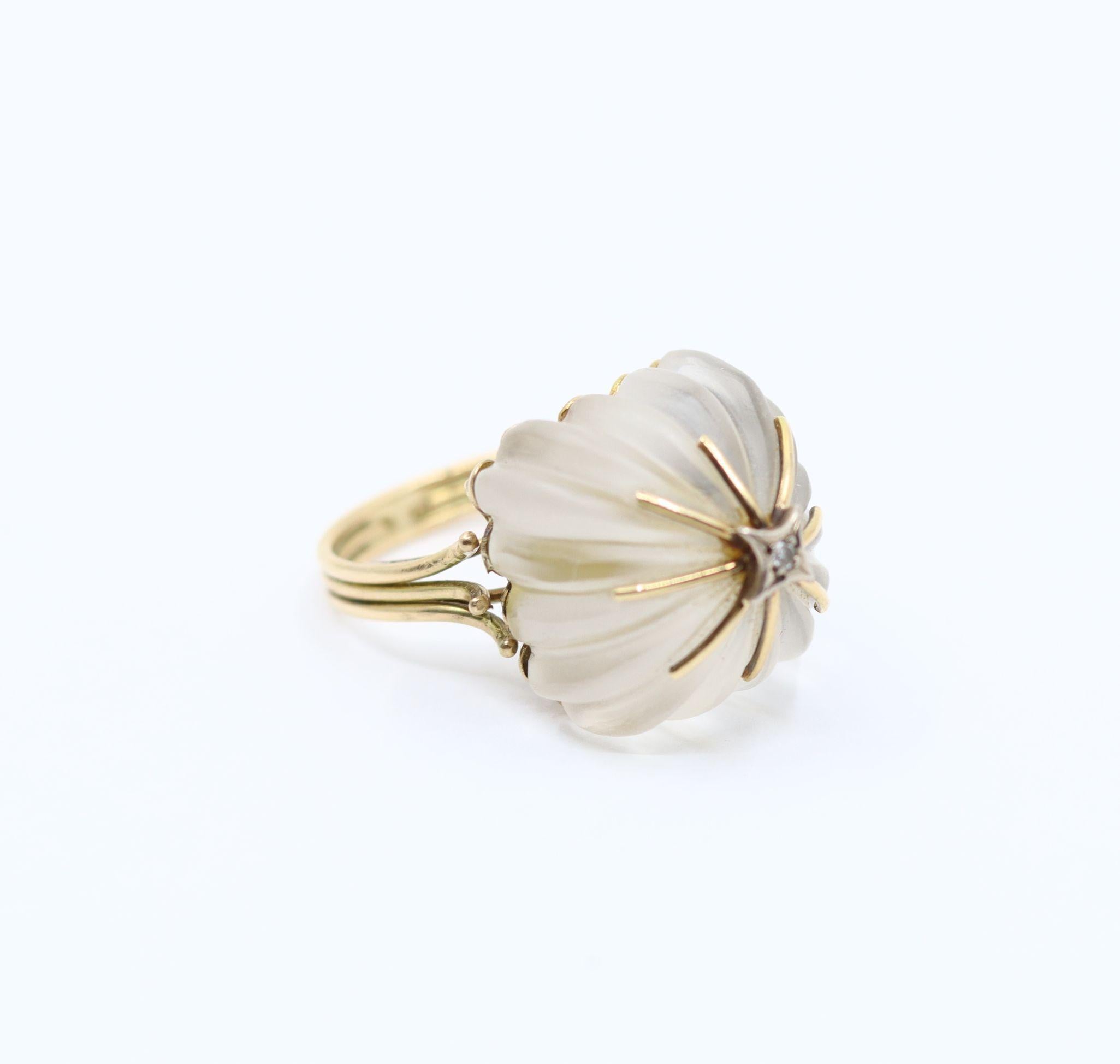 Vintage 14KT Gold Diamond Rock Crystal Dome Cocktail Ring For Sale 4