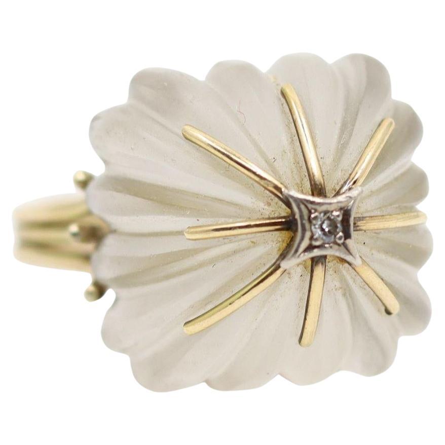 Vintage 14KT Gold Diamond Rock Crystal Dome Cocktail Ring For Sale