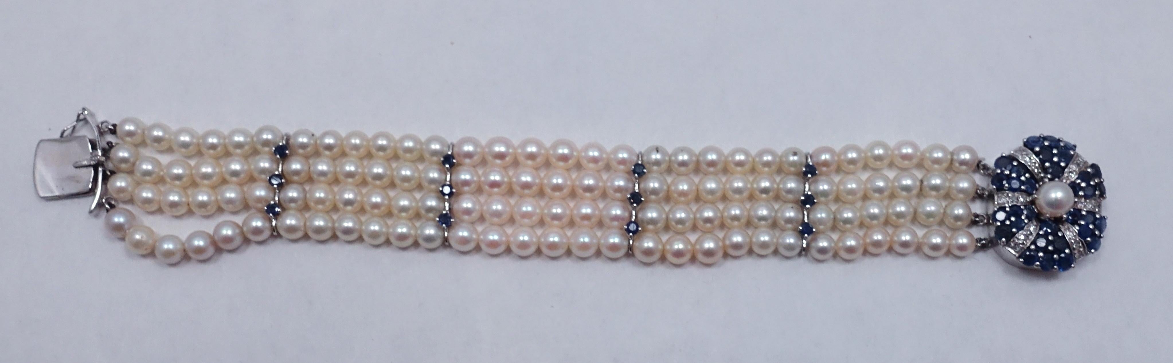 Vintage 14kt Gold Diamonds, Sapphires & Pearls Bracelet In Excellent Condition For Sale In New York, NY
